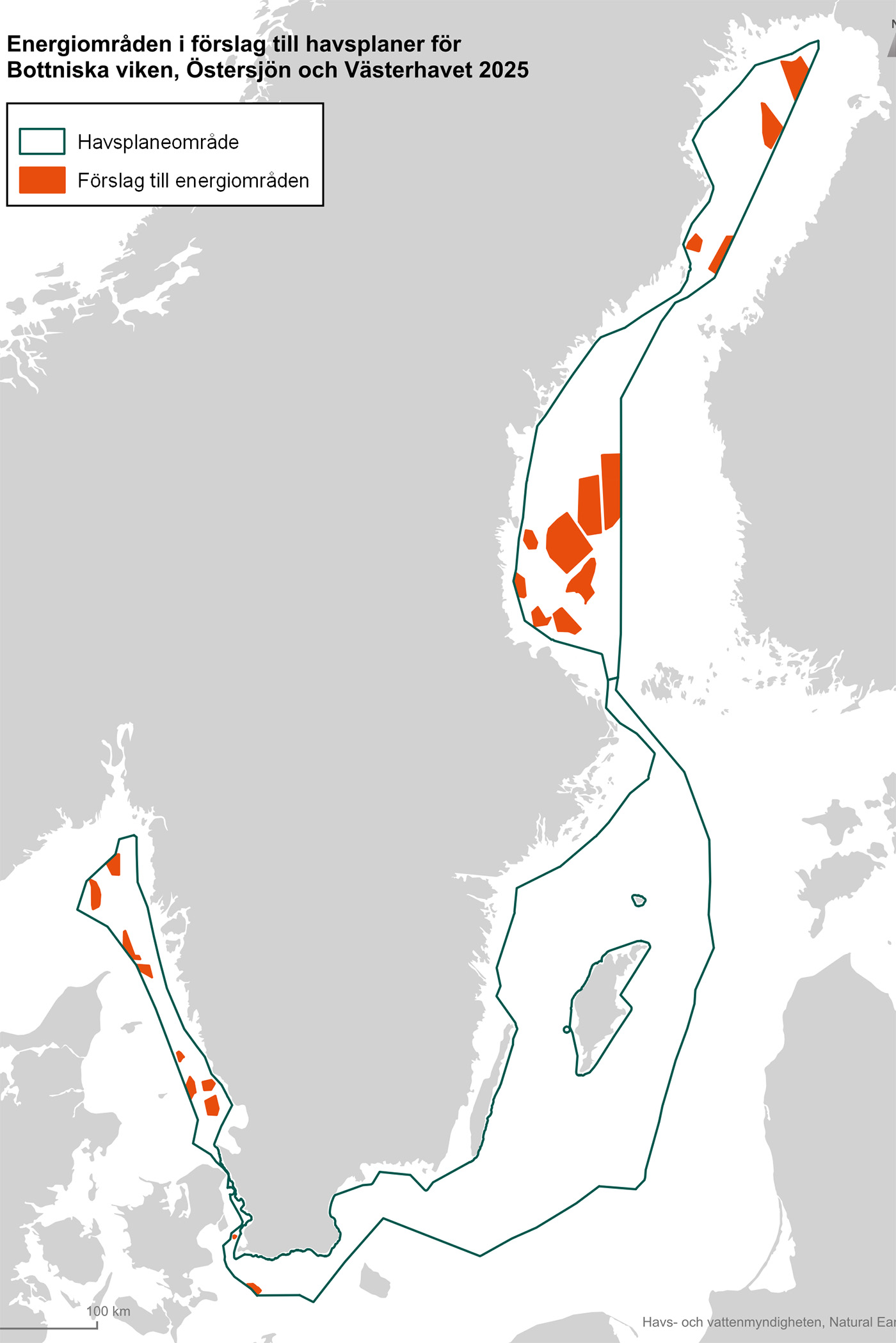 Den nya uppdaterade havsvindkartan där de färgade markeringarna visar var havsvindkraft är bäst lämpat att placera. Grafik: Havs- och vattenmyndigheten.