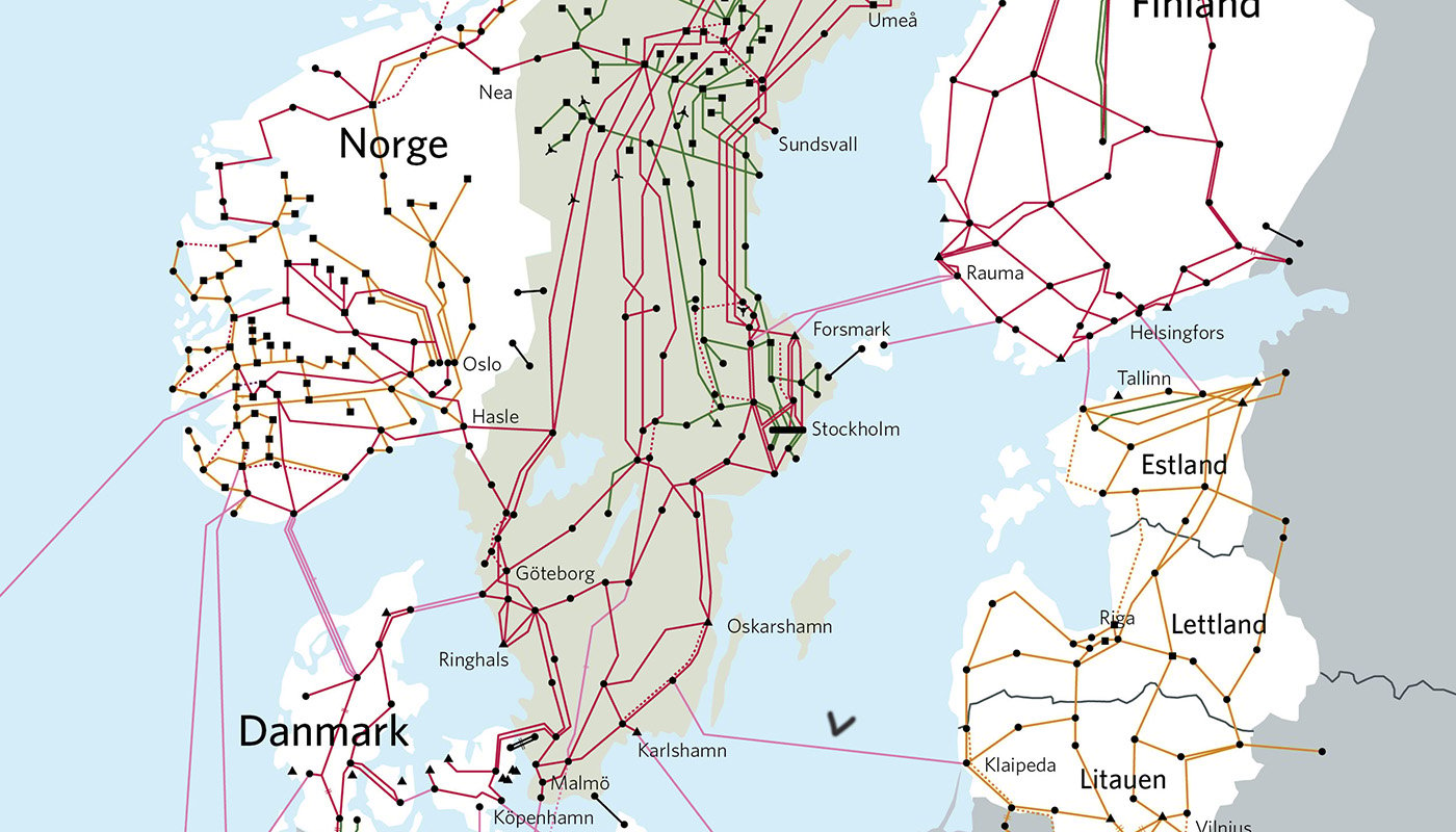 NordBalt (med liten svart markering) är en 45 mil lång ledning mellan Nybro och Klaipeda. Grafik: Svk.