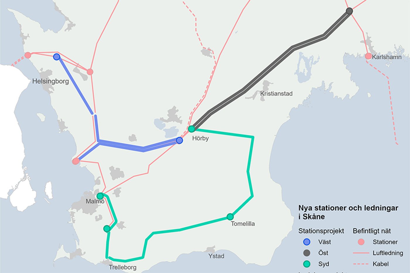 Svk:s tre nya planerade ledningar i Skåne. Grafik: Svk