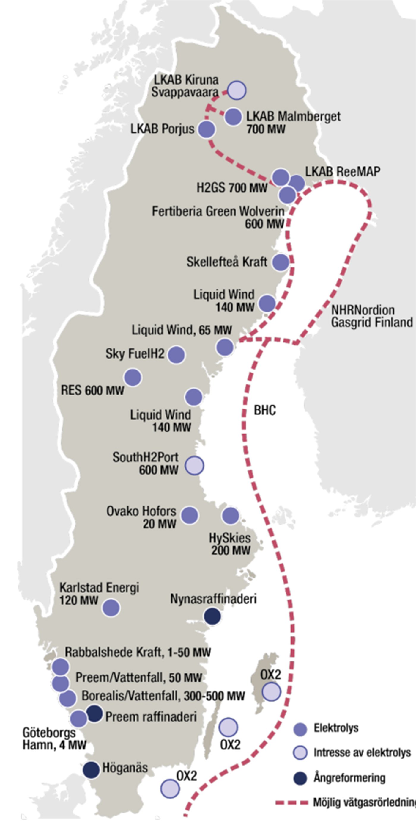 Aktuella större vätgasprojekt. Källa: Energimyndigheten.