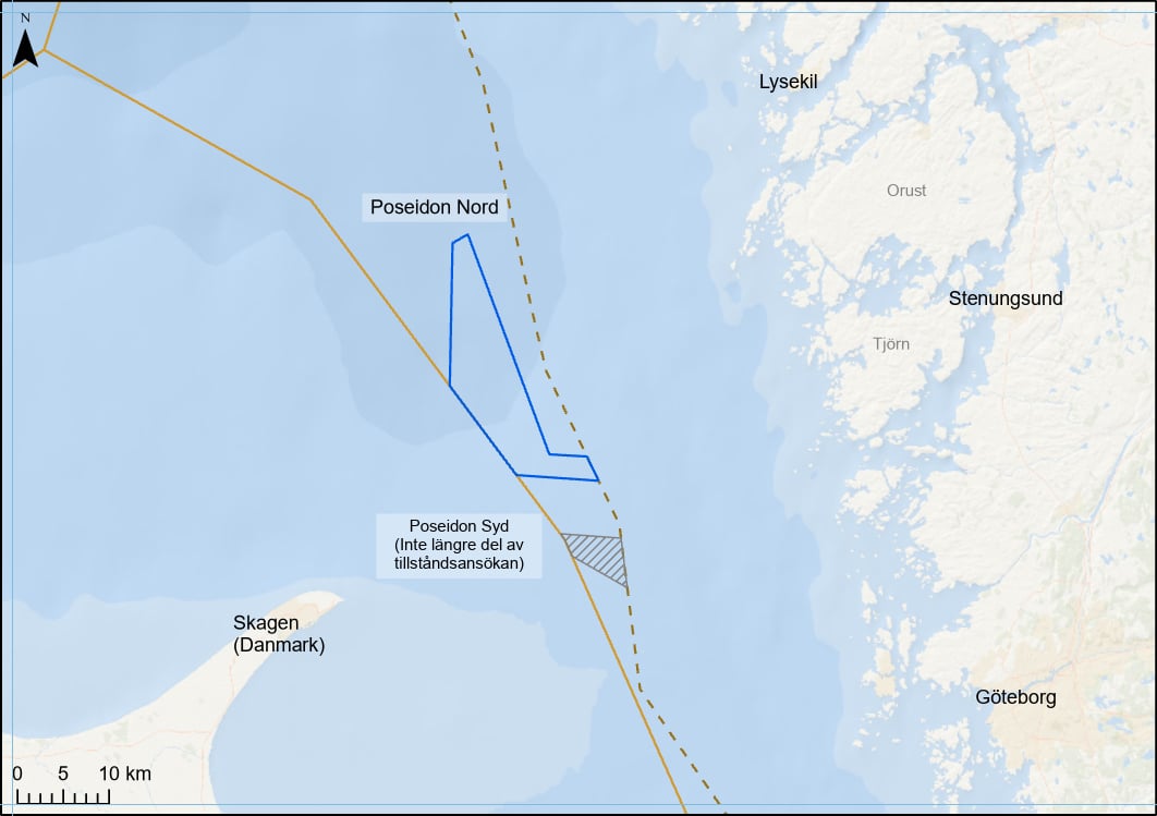 Vattenfalls havsvindpark Poseidon är planerad att byggas i södra Skagerrak och ska kunna producera 5 500 GWh/år från början av 2030-talet om planerna går i lås. Kartgrafik: Vattenfall..