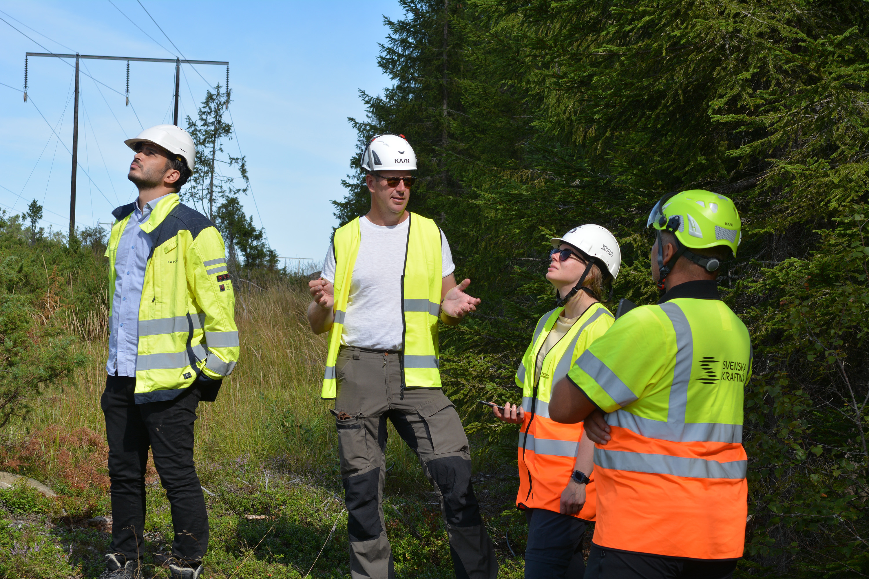 Ledningskontrollant Tommy Alvar pratar högtemperaturlinor med Annelie Vernersson, SvK:s projektledare för linbytet på 220kV-ledningen Valbo-Untra.