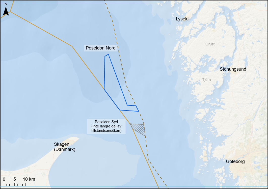 Vattenfalls havsvindpark Poseidon är planerad att byggas i södra Skagerrak och ska kunna producera 5 500 GWh/år från början av 2030-talet om planerna går i lås. Kartgrafik: Vattenfall..