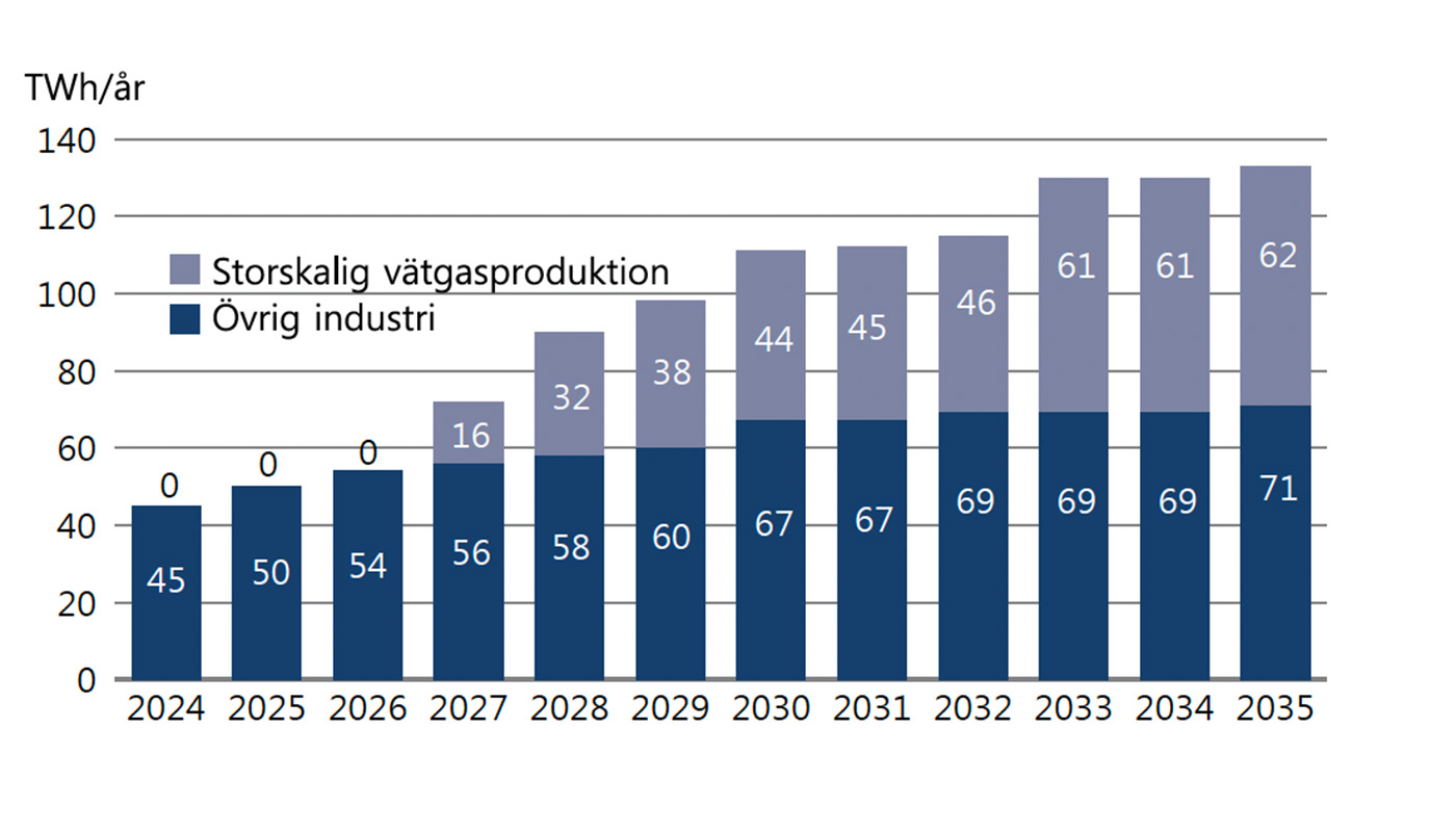 Industrins elbehov fram till 2035. Den ljusblå delen i toppen av varje stapel visar storskalig vätgasproduktion. Källa: SKGS. 