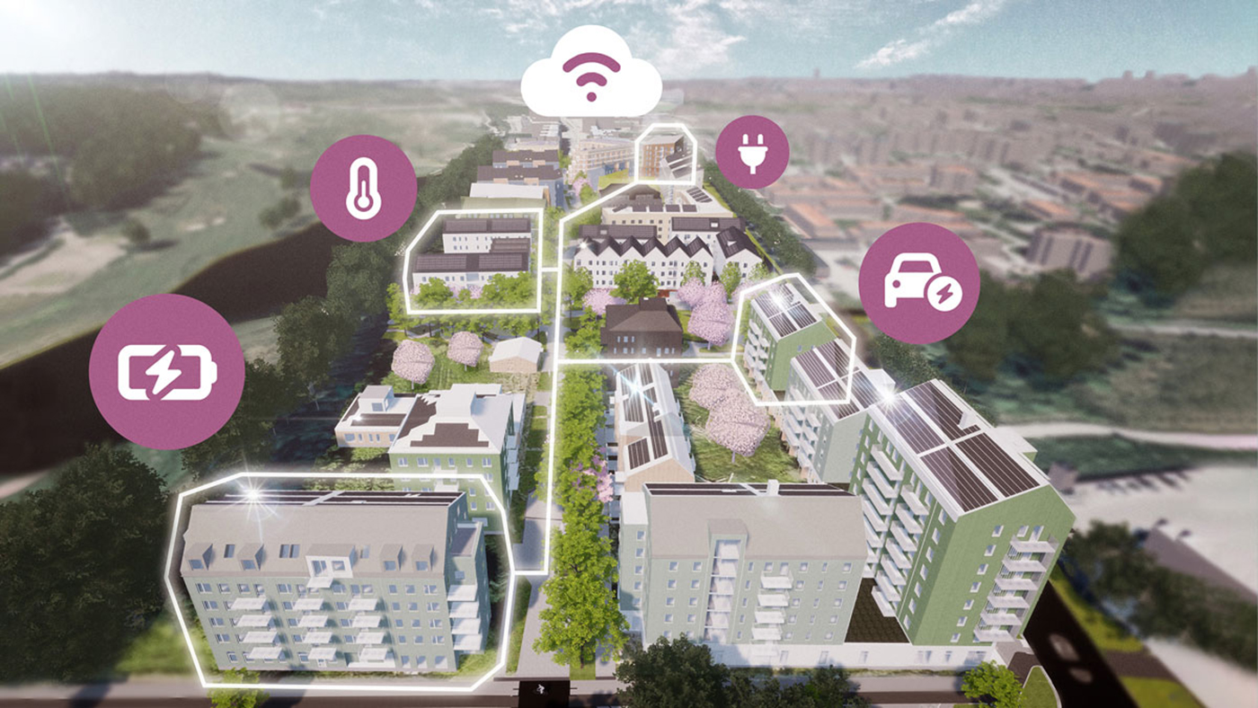 Skiss över det nya bostadsområdet Tamarinden i Örebro som siktar på att bli en energigemenskap. Bild: Örebro kommun.